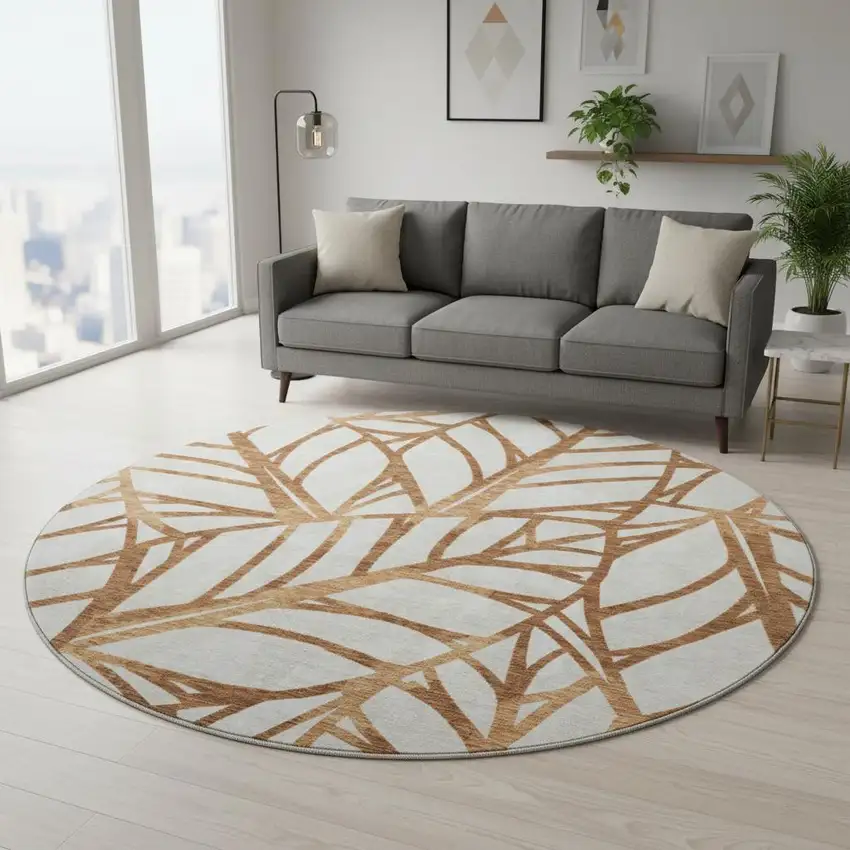 8' Rust And Beige Floral Washable Round Rug With UV Protection Photo 2