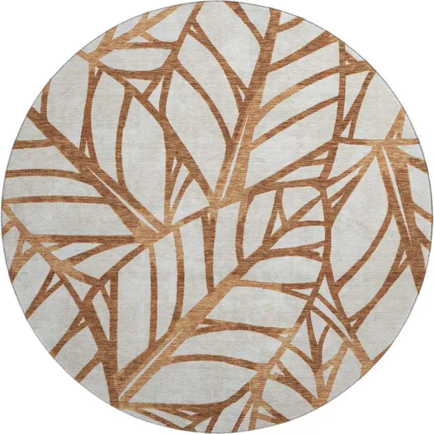 8' Rust And Beige Floral Washable Round Rug With UV Protection Photo 1