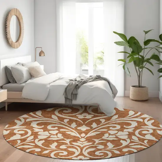 8' Rust And Beige Floral Washable Round Rug With UV Protection Photo 4