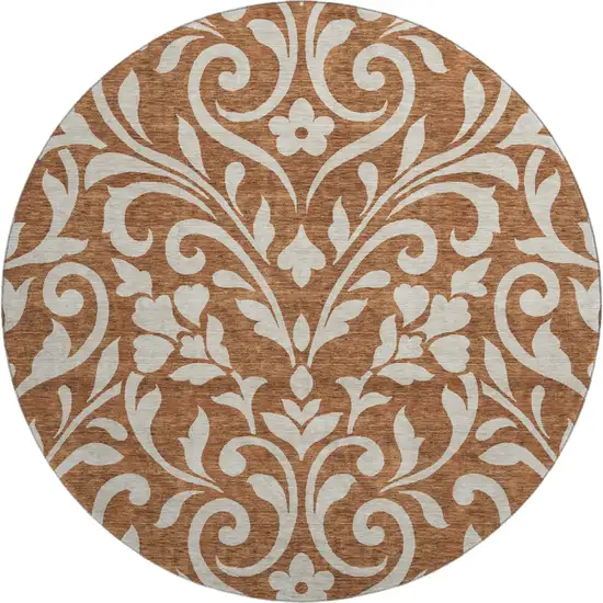 8' Rust And Beige Floral Washable Round Rug With UV Protection Photo 1
