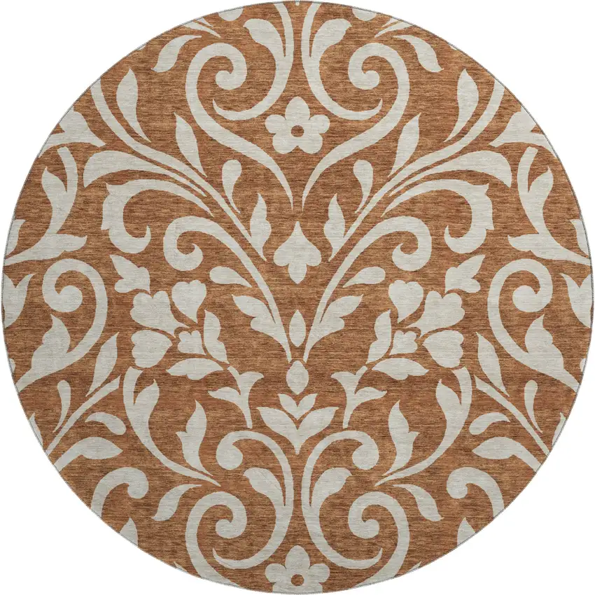 8' Rust And Beige Floral Washable Round Rug With UV Protection Photo 1