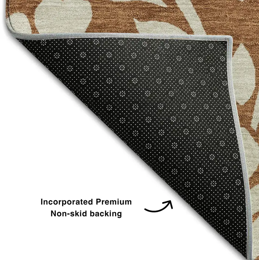 8' Rust And Beige Floral Washable Round Rug With UV Protection Photo 5