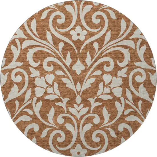 8' Rust And Beige Floral Washable Round Rug With UV Protection Photo 3