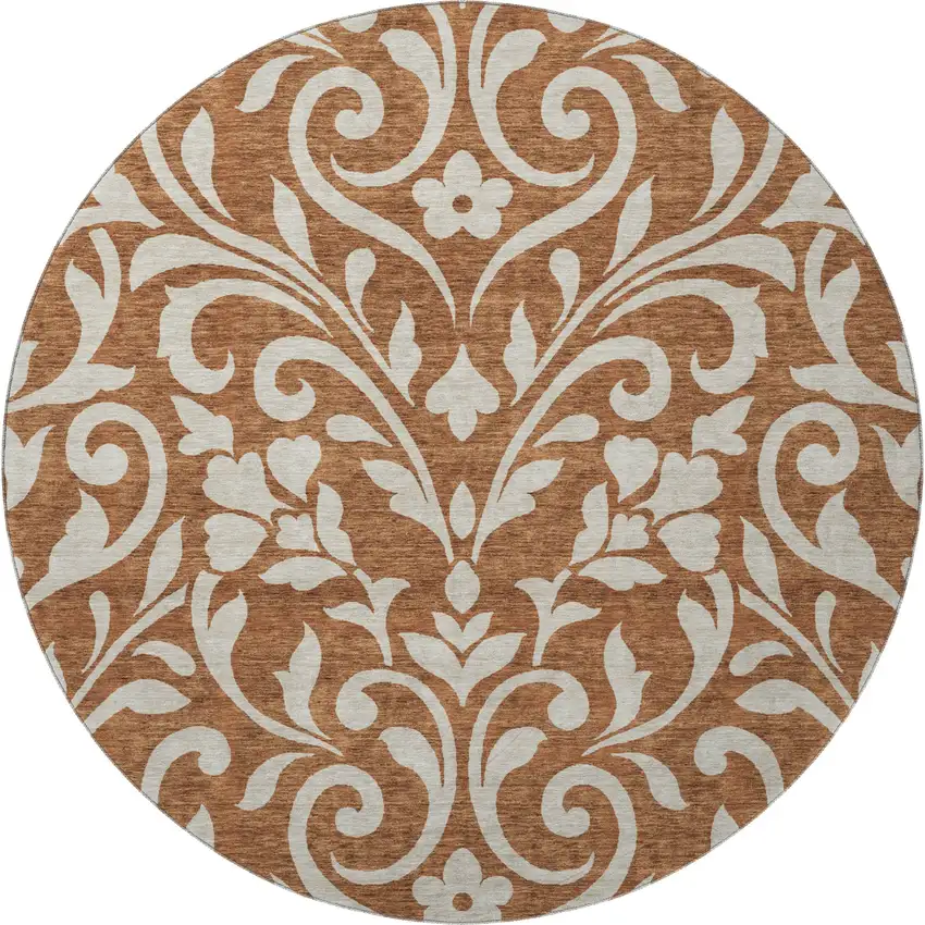 8' Rust And Beige Floral Washable Round Rug With UV Protection Photo 3