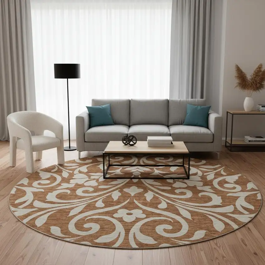 8' Rust And Beige Floral Washable Round Rug With UV Protection Photo 2