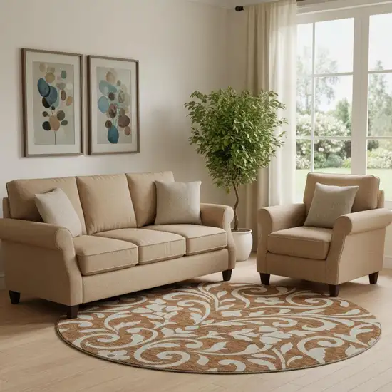 8' Rust And Beige Floral Washable Round Rug With UV Protection Photo 1