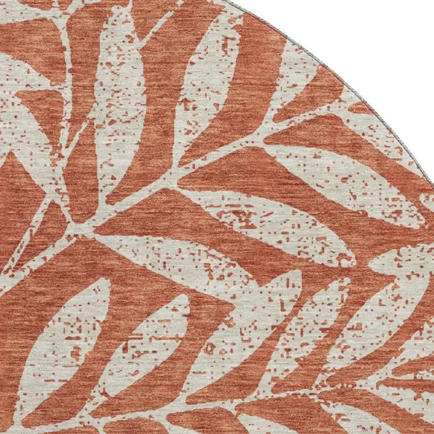 8' Rust And Beige Floral Washable Round Rug With UV Protection Photo 3