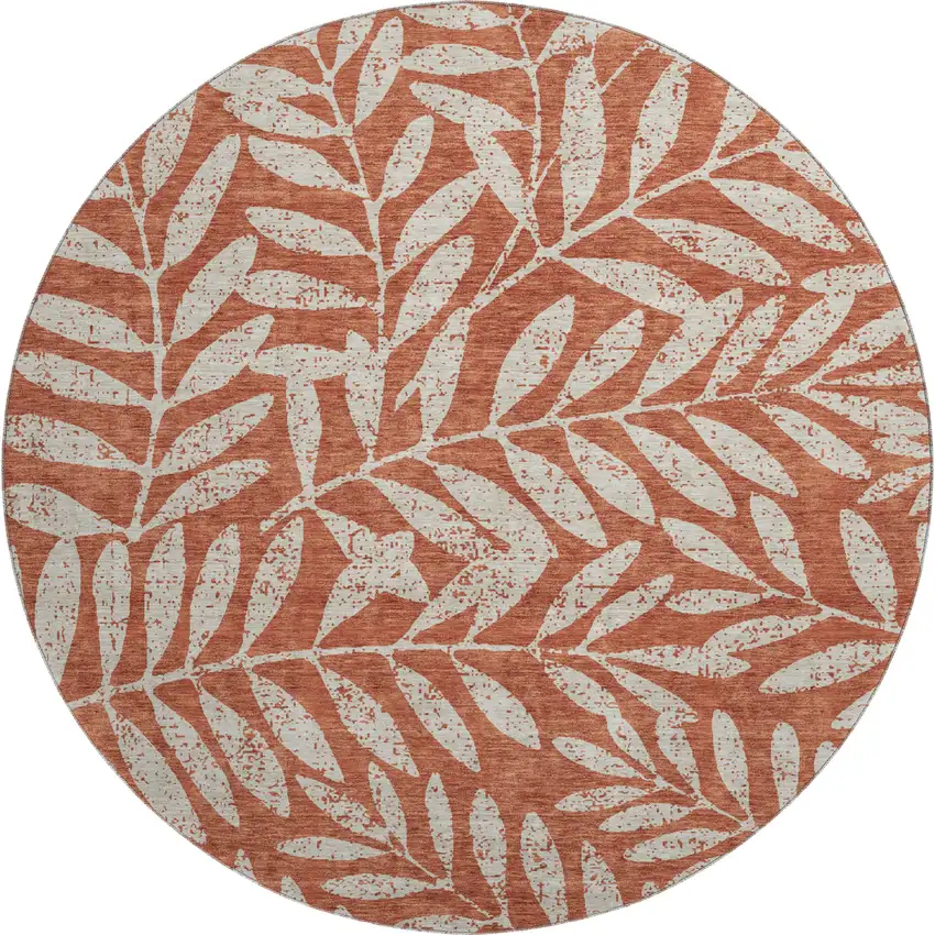 8' Rust And Beige Floral Washable Round Rug With UV Protection Photo 1