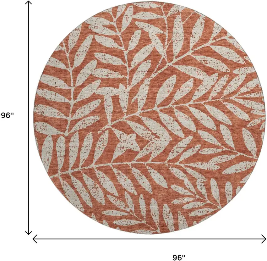 8' Rust And Beige Floral Washable Round Rug With UV Protection Photo 8