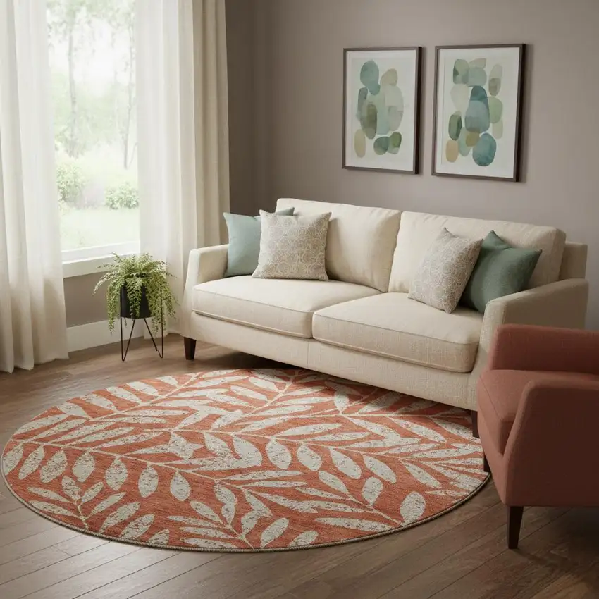 8' Rust And Beige Floral Washable Round Rug With UV Protection Photo 1