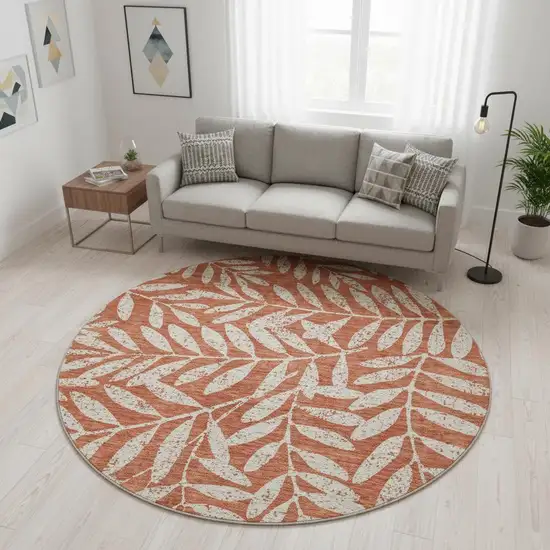 8' Rust And Beige Floral Washable Round Rug With UV Protection Photo 2