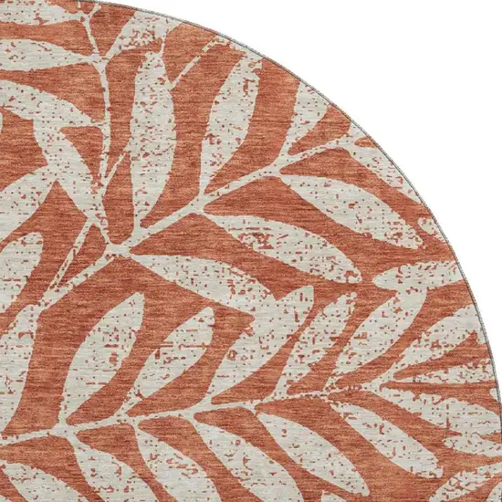 8' Rust And Beige Floral Washable Round Rug With UV Protection Photo 4