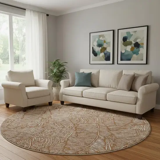 8' Rust And Beige Floral Washable Round Rug With UV Protection Photo 1