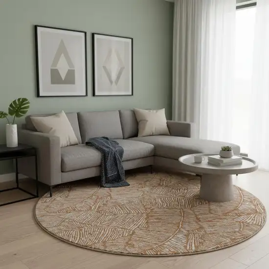 8' Rust And Beige Floral Washable Round Rug With UV Protection Photo 2