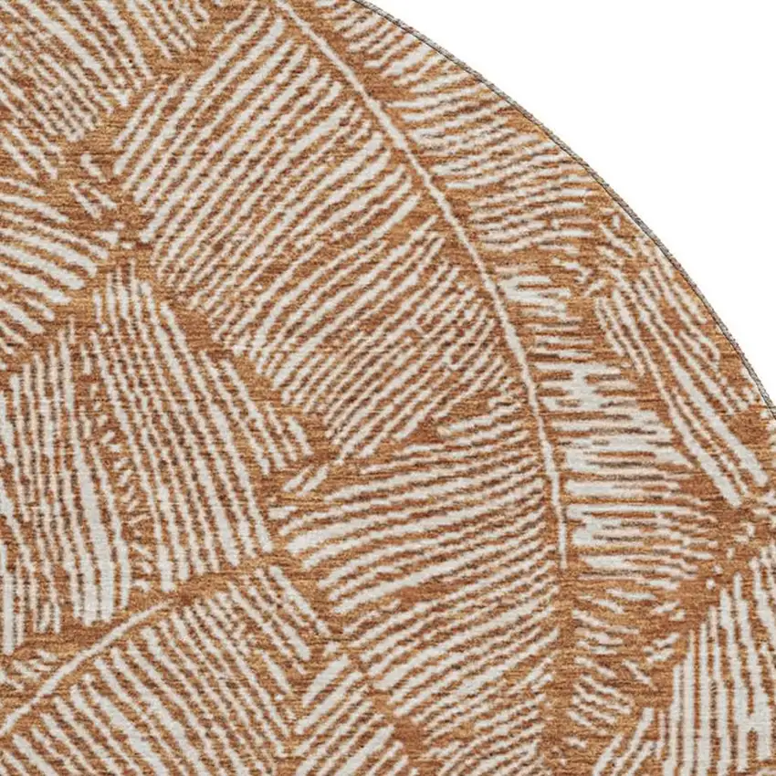 8' Rust And Beige Floral Washable Round Rug With UV Protection Photo 3