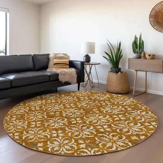 8' Rust And Beige Floral Washable Round Rug With UV Protection Photo 4