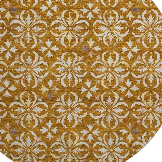 8' Rust And Beige Floral Washable Round Rug With UV Protection Photo 2