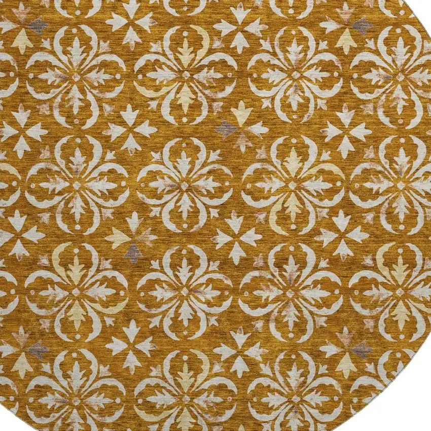 8' Rust And Beige Floral Washable Round Rug With UV Protection Photo 2