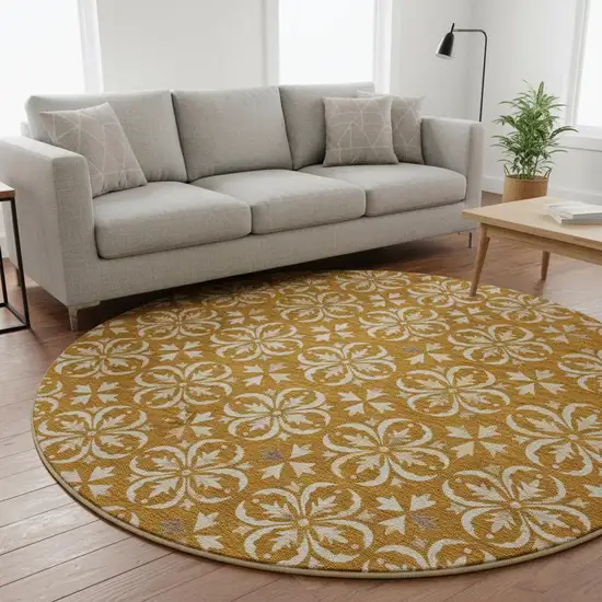 8' Rust And Beige Floral Washable Round Rug With UV Protection Photo 2