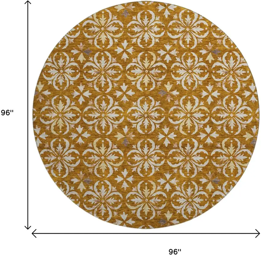 8' Rust And Beige Floral Washable Round Rug With UV Protection Photo 9
