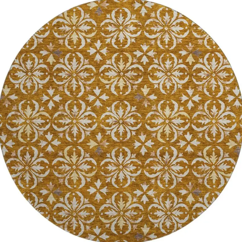 8' Rust And Beige Floral Washable Round Rug With UV Protection Photo 3
