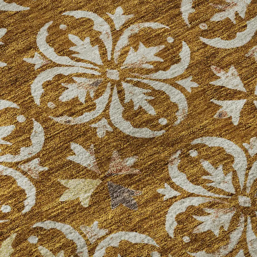 8' Rust And Beige Floral Washable Round Rug With UV Protection Photo 8