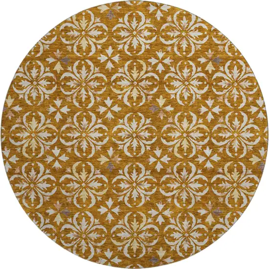8' Rust And Beige Floral Washable Round Rug With UV Protection Photo 1