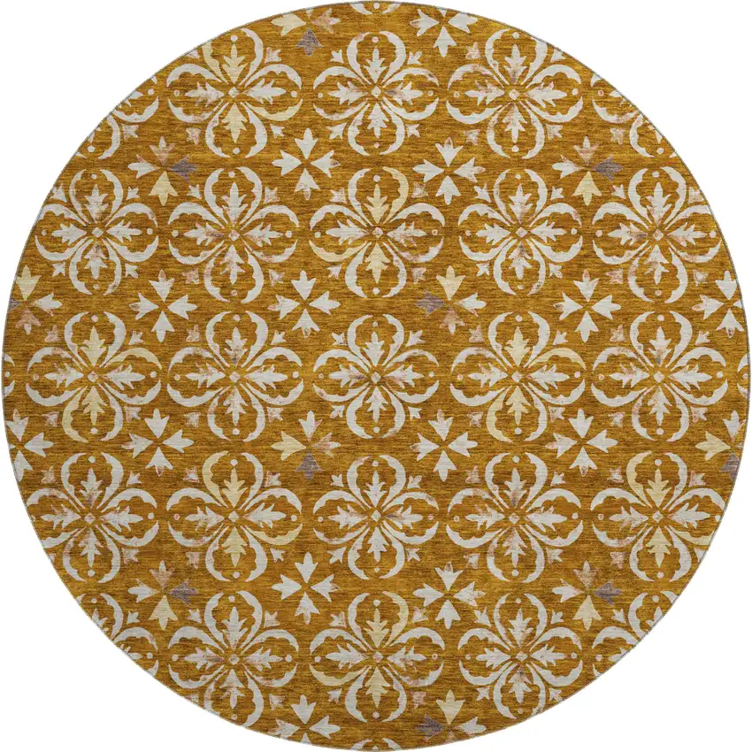 8' Rust And Beige Floral Washable Round Rug With UV Protection Photo 1