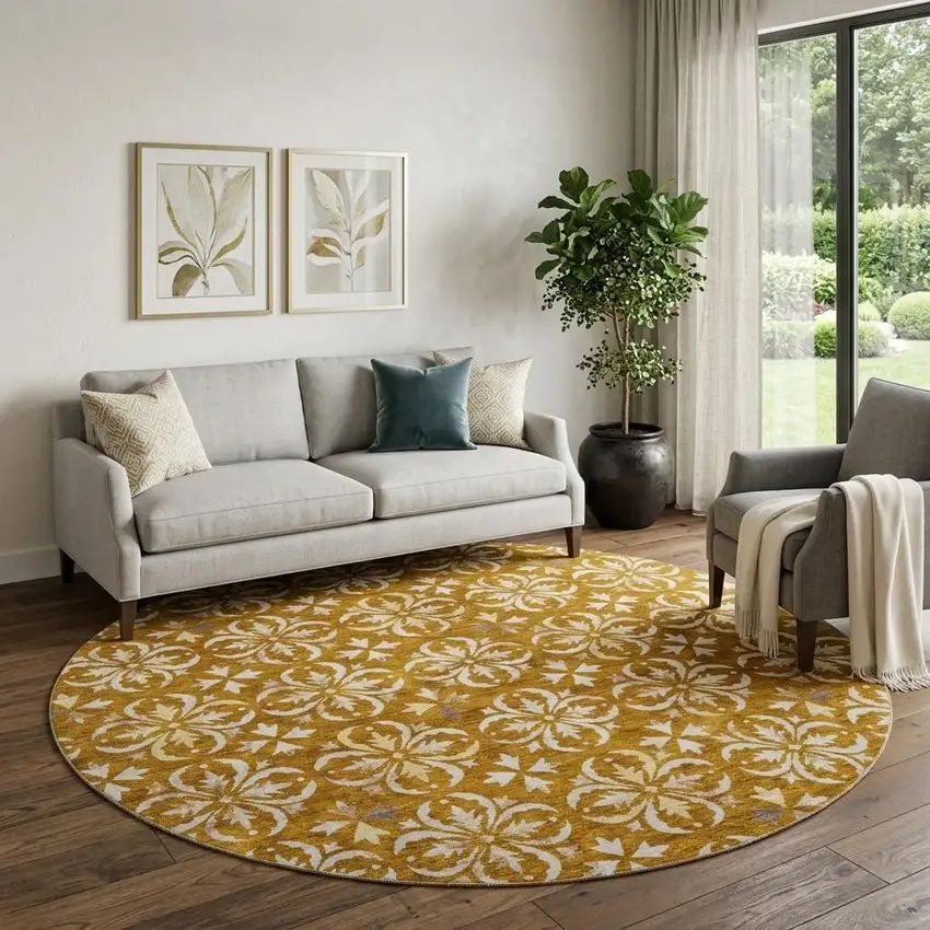 8' Rust And Beige Floral Washable Round Rug With UV Protection Photo 1