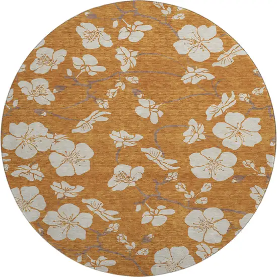 8' Rust And Beige Floral Washable Round Rug With UV Protection Photo 1