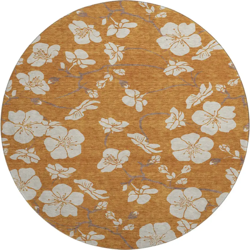 8' Rust And Beige Floral Washable Round Rug With UV Protection Photo 1
