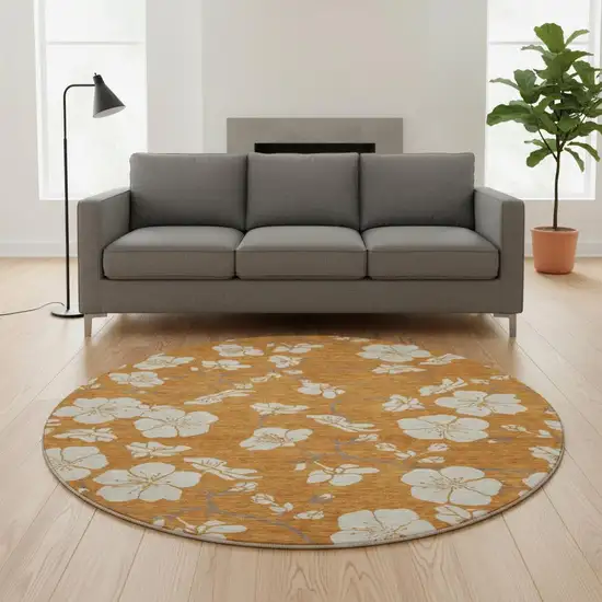 8' Rust And Beige Floral Washable Round Rug With UV Protection Photo 2