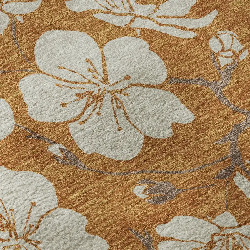 8' Rust And Beige Floral Washable Round Rug With UV Protection Photo 8