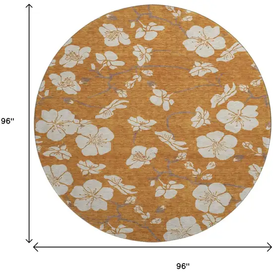 8' Rust And Beige Floral Washable Round Rug With UV Protection Photo 9