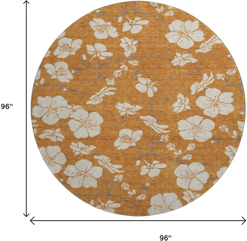 8' Rust And Beige Floral Washable Round Rug With UV Protection Photo 9