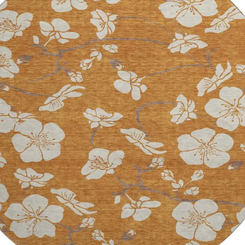 8' Rust And Beige Floral Washable Round Rug With UV Protection Photo 2