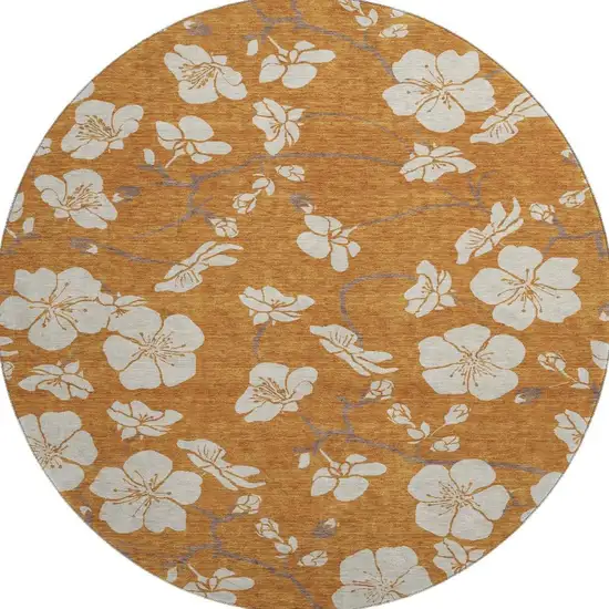 8' Rust And Beige Floral Washable Round Rug With UV Protection Photo 3