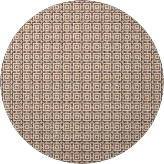 8' Rust And Beige Geometric Washable Round Rug With UV Protection Photo 5