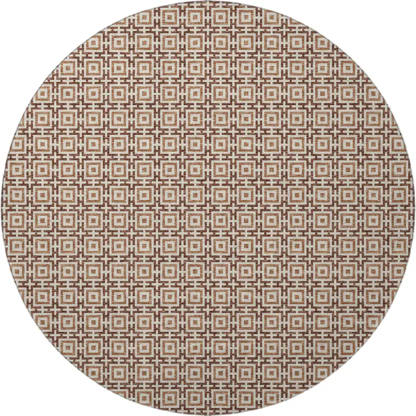 8' Rust And Beige Geometric Washable Round Rug With UV Protection Photo 5