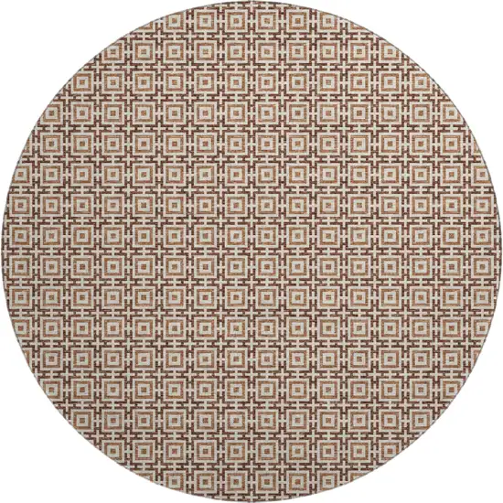 8' Rust And Beige Geometric Washable Round Rug With UV Protection Photo 2