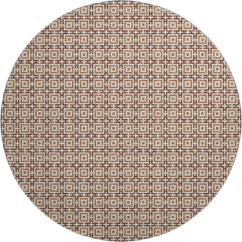 8' Rust And Beige Geometric Washable Round Rug With UV Protection Photo 2