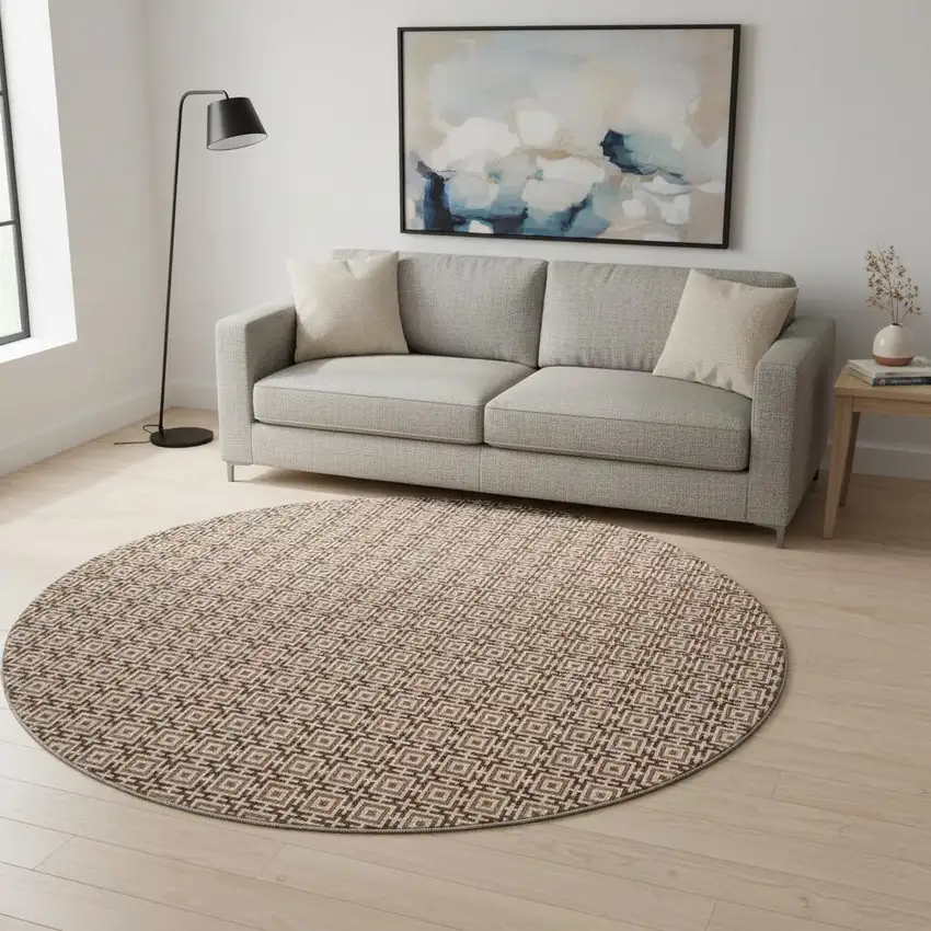 8' Rust And Beige Geometric Washable Round Rug With UV Protection Photo 1