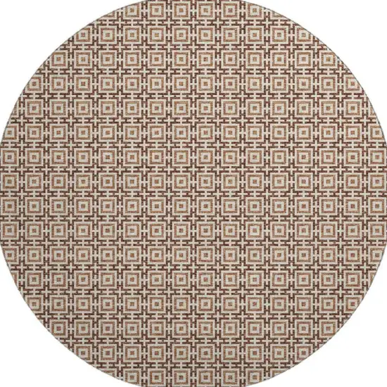 8' Rust And Beige Geometric Washable Round Rug With UV Protection Photo 4
