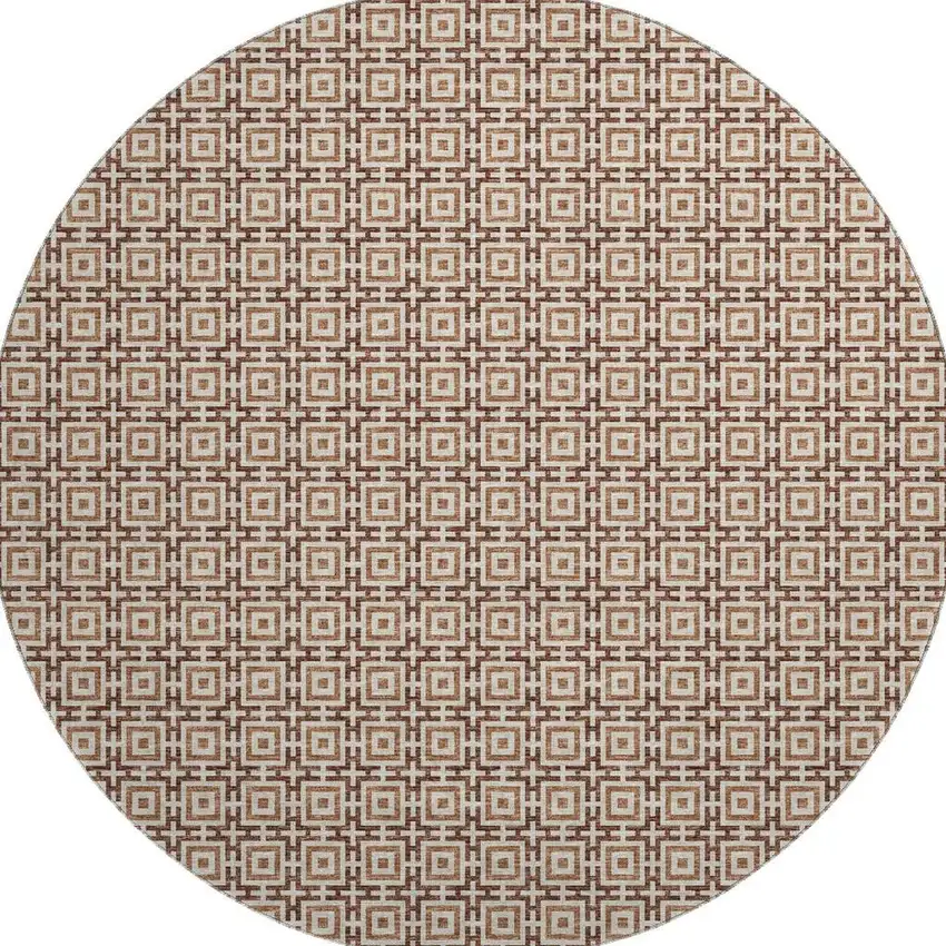 8' Rust And Beige Geometric Washable Round Rug With UV Protection Photo 4