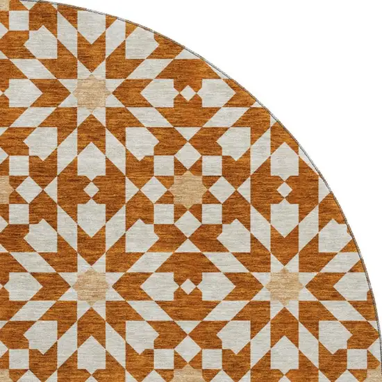 8' Rust And Beige Geometric Washable Round Rug With UV Protection Photo 4