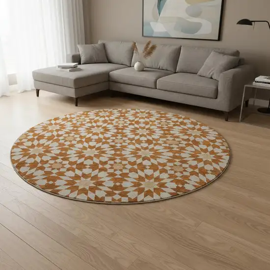 8' Rust And Beige Geometric Washable Round Rug With UV Protection Photo 2