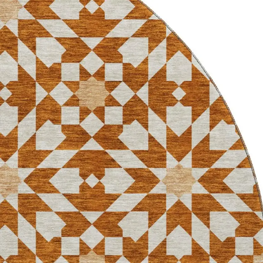 8' Rust And Beige Geometric Washable Round Rug With UV Protection Photo 3