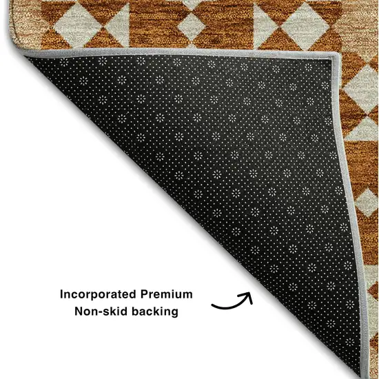 8' Rust And Beige Geometric Washable Round Rug With UV Protection Photo 6