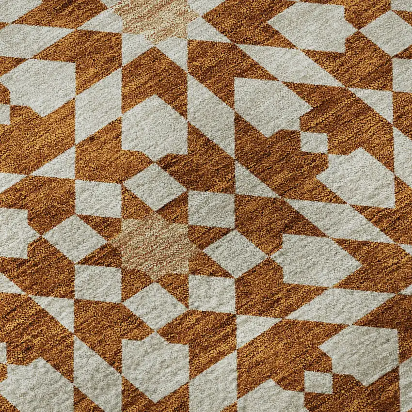 8' Rust And Beige Geometric Washable Round Rug With UV Protection Photo 9