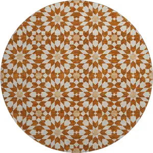 Photo of 8' Rust And Beige Geometric Washable Round Rug With UV Protection
